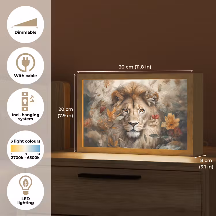 Leeuw - Wilde dieren - Planten - Natuur - Bloemen Light Box met kabel (Tafellamp) klein -USP_EN