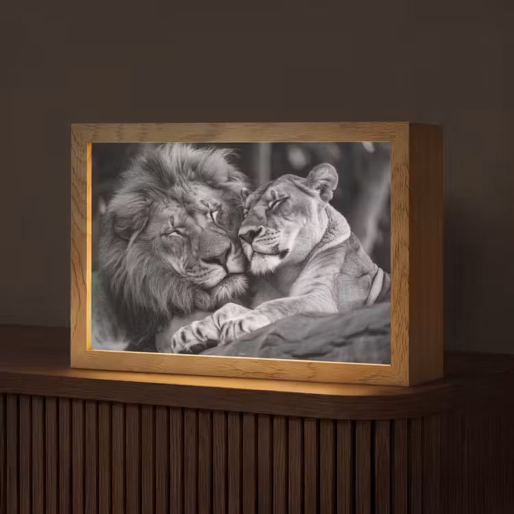 Leeuwen - Dieren - Zwart - Wit - Leeuw Light Box met kabel (Tafellamp) klein -z3d_website