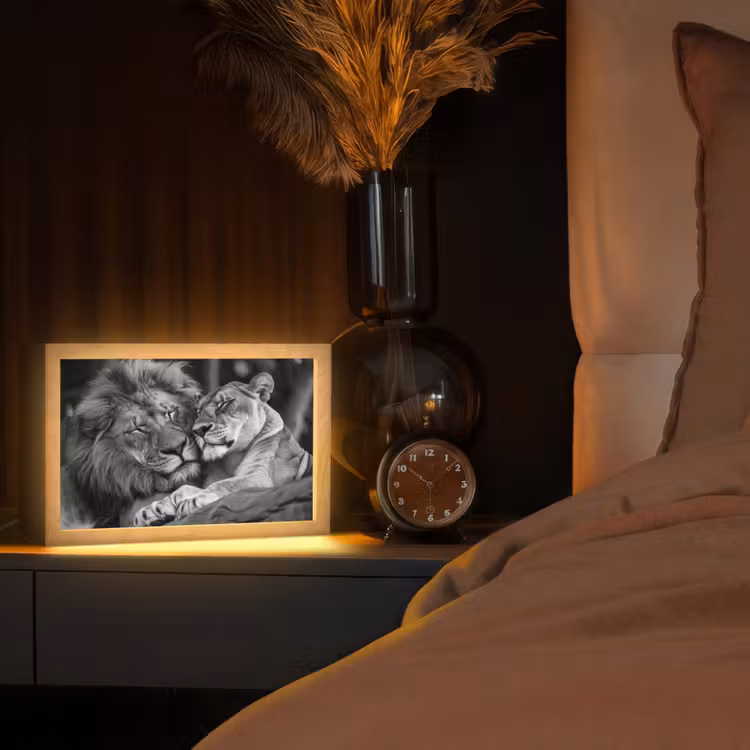 Leeuwen - Dieren - Zwart - Wit - Leeuw Light Box met kabel (Tafellamp) klein -sfeer1