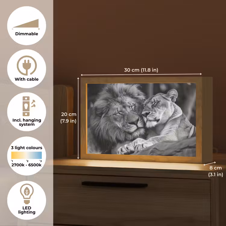 Leeuwen - Dieren - Zwart - Wit - Leeuw Light Box met kabel (Tafellamp) klein -USP_EN