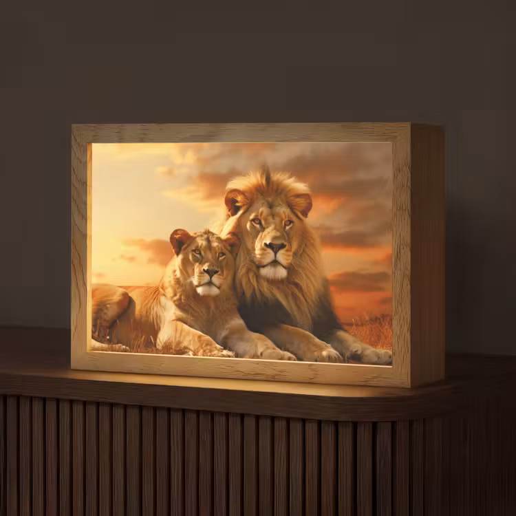 Leeuwen - Zonsondergang - Afrika - Savanne - Dieren Light Box met kabel (Tafellamp) klein -z3d_website