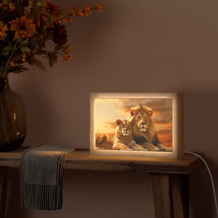 Leeuwen - Zonsondergang - Afrika - Savanne - Dieren Light Box met kabel (Tafellamp) klein -sfeer4