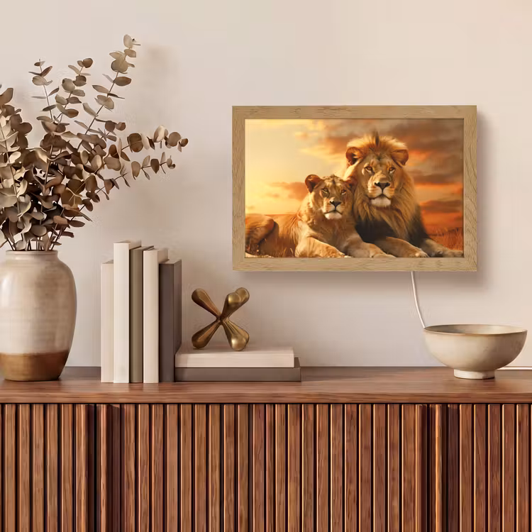 Leeuwen - Zonsondergang - Afrika - Savanne - Dieren Light Box met kabel (Tafellamp) klein -sfeer2