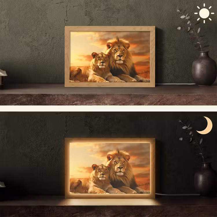 Leeuwen - Zonsondergang - Afrika - Savanne - Dieren Light Box met kabel (Tafellamp) klein -sfeer3