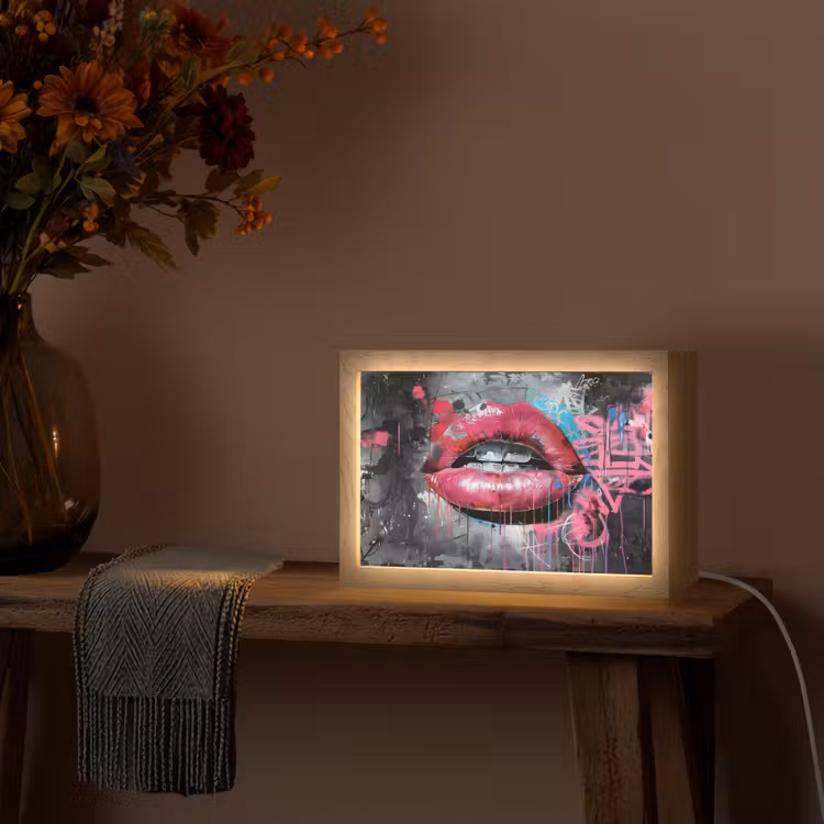 Lippen - Felroze - Graffiti - Verfstrepen Light Box met kabel (Tafellamp) klein -sfeer4