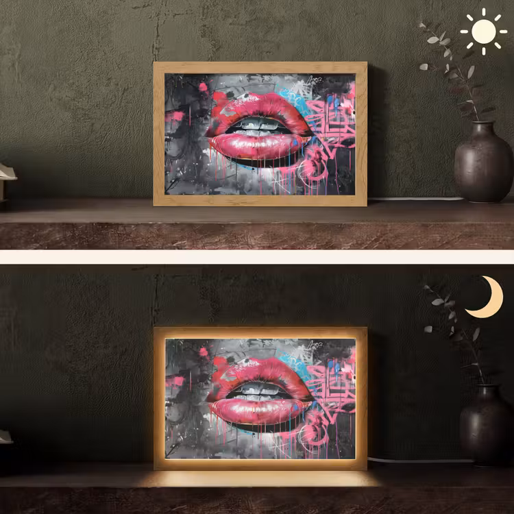 Lippen - Felroze - Graffiti - Verfstrepen Light Box met kabel (Tafellamp) klein -sfeer3