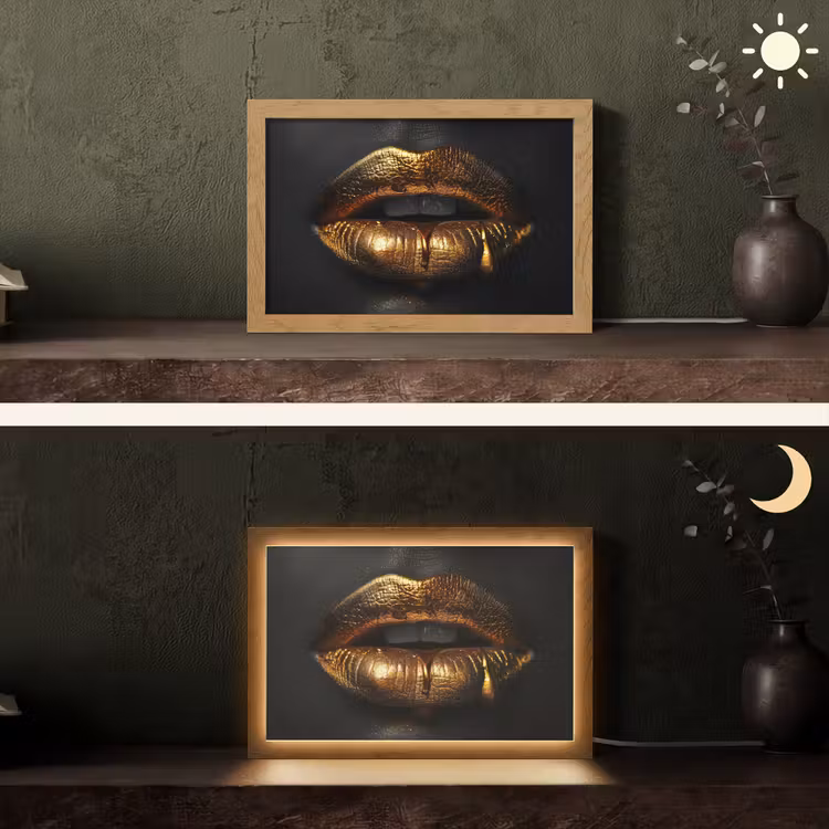 Lippen - Goud - Abstract - Zwart - Aesthetic Light Box met kabel (Tafellamp) klein -sfeer3