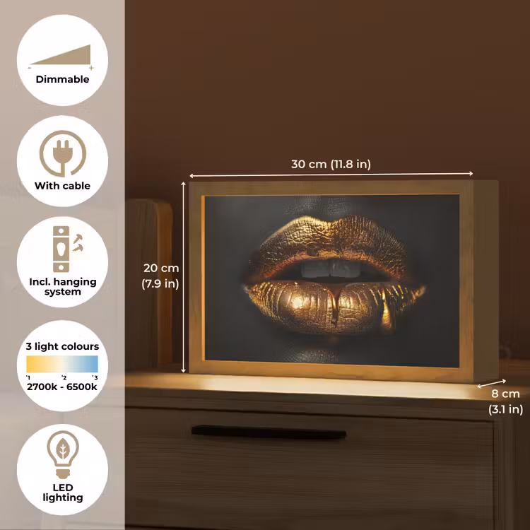 Lippen - Goud - Abstract - Zwart - Aesthetic Light Box met kabel (Tafellamp) klein -USP_EN