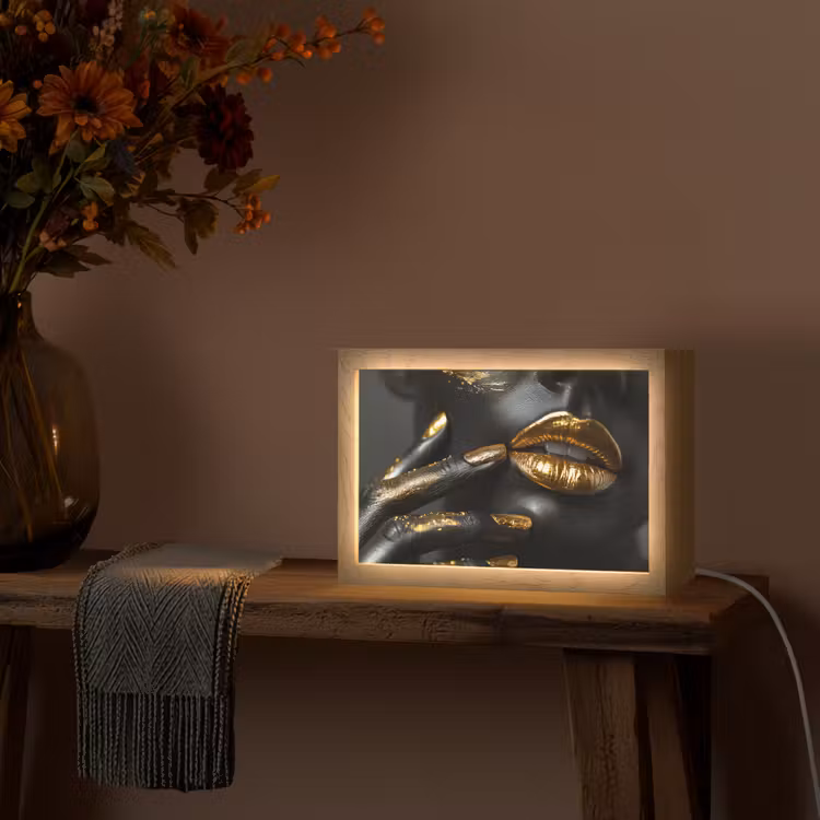 Lippen - Goud - Abstract - Zwart - Vrouw Light Box met kabel (Tafellamp) klein -sfeer4