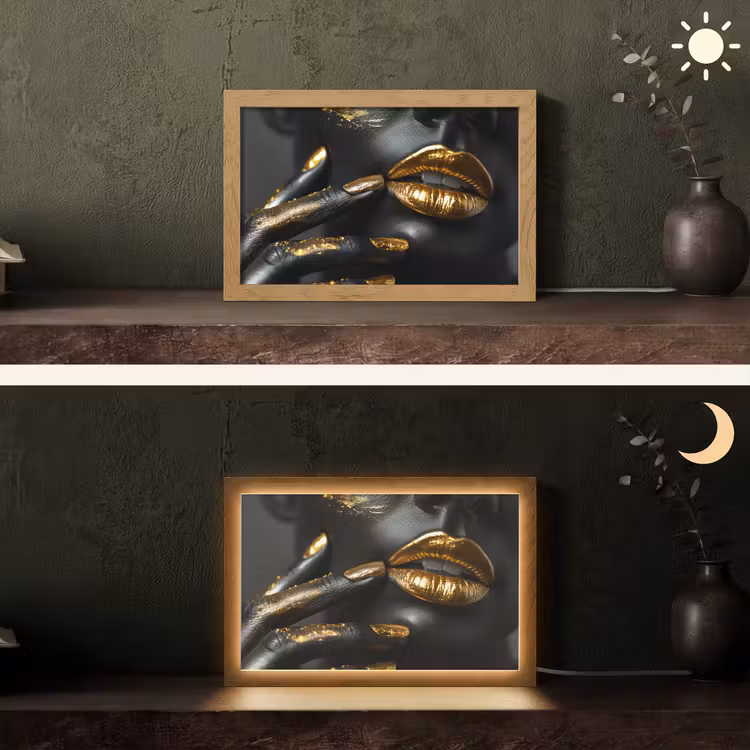 Lippen - Goud - Abstract - Zwart - Vrouw Light Box met kabel (Tafellamp) klein -sfeer3