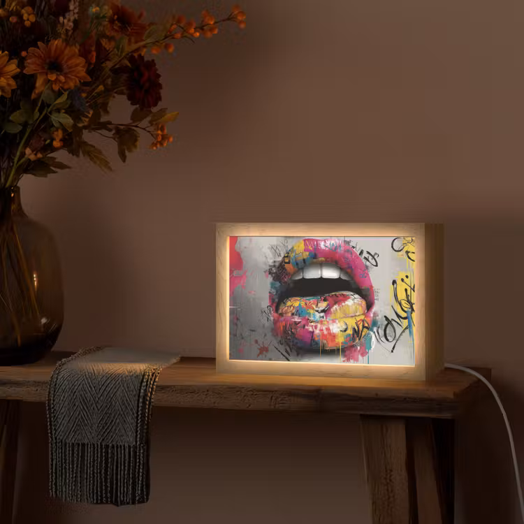 Lippen - Graffiti - Expressief Light Box met kabel (Tafellamp) klein -sfeer4