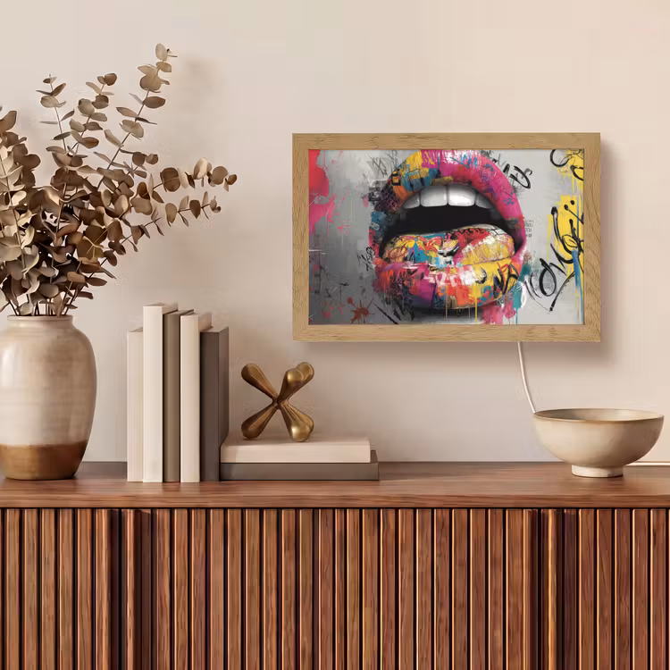 Lippen - Graffiti - Expressief Light Box met kabel (Tafellamp) klein -sfeer2