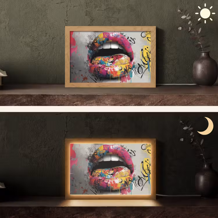 Lippen - Graffiti - Expressief Light Box met kabel (Tafellamp) klein -sfeer3