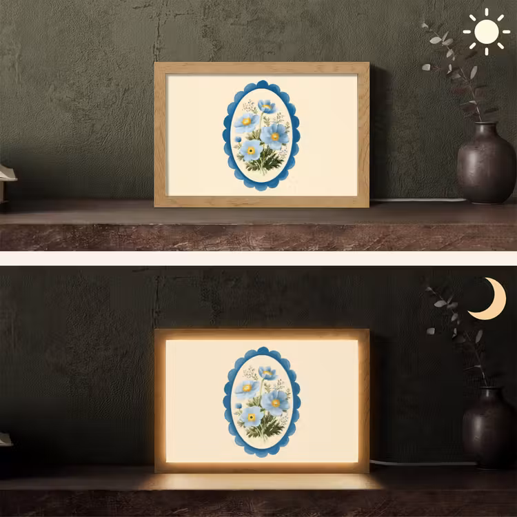 Lijst - Bloemen - Lichtblauw - Illustratie Light Box met kabel (Tafellamp) klein -sfeer3