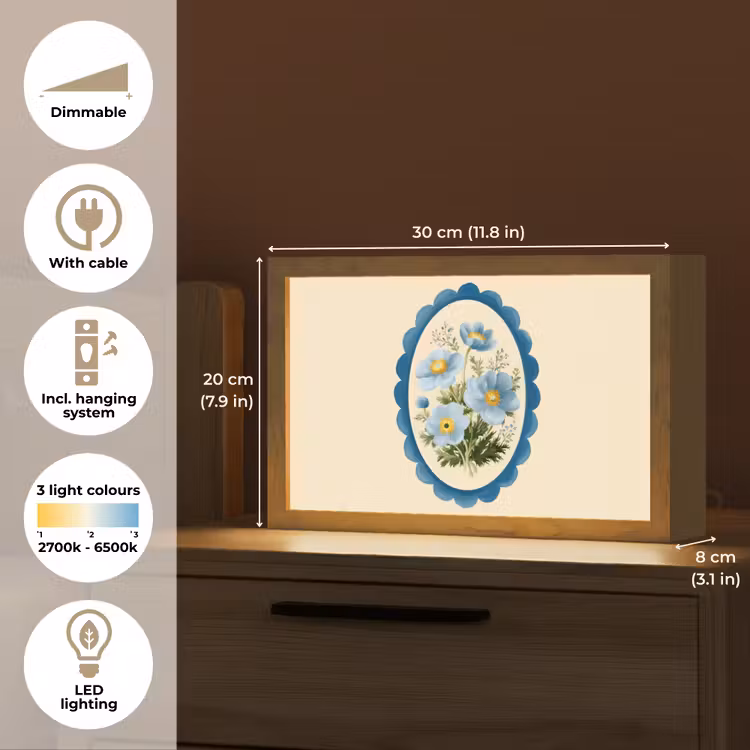 Lijst - Bloemen - Lichtblauw - Illustratie Light Box met kabel (Tafellamp) klein -USP_EN