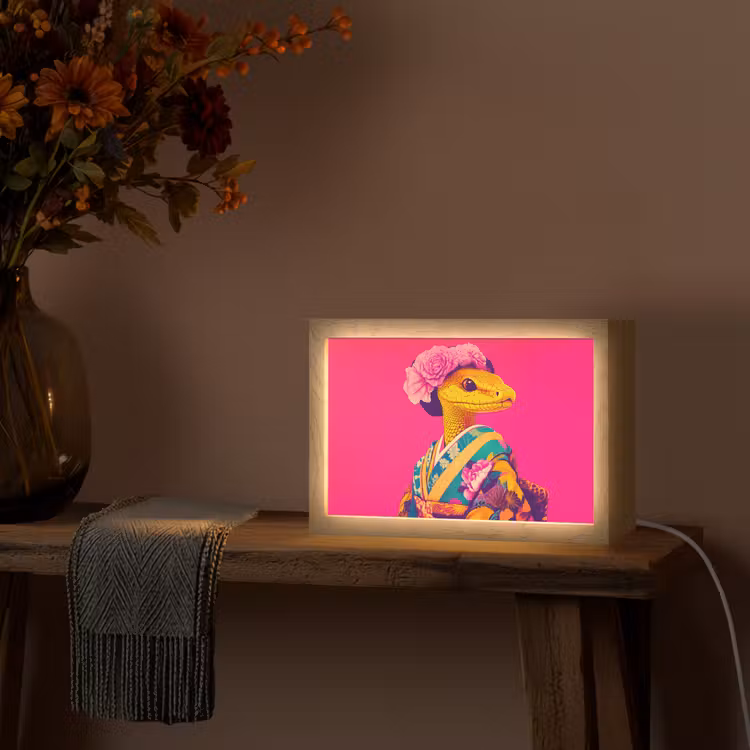Hagedis - Bloemen - Roze - Kimono Light Box met kabel (Tafellamp) klein -sfeer4