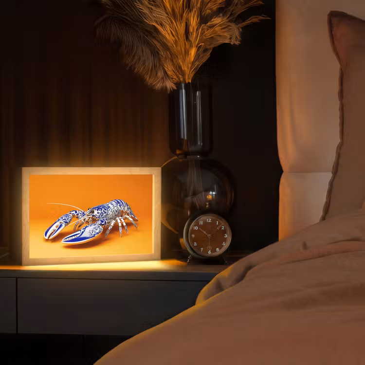 Kreeft - Delftsblauw - Schild - Stoer - Oranje Light Box met kabel (Tafellamp) klein -sfeer1