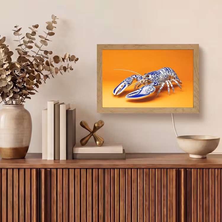 Kreeft - Delftsblauw - Schild - Stoer - Oranje Light Box met kabel (Tafellamp) klein -sfeer2