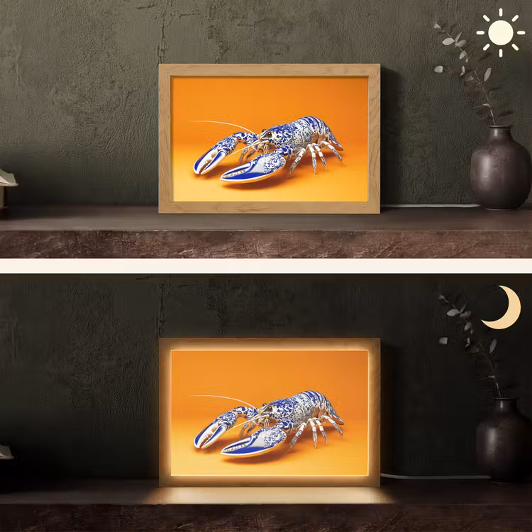 Kreeft - Delftsblauw - Schild - Stoer - Oranje Light Box met kabel (Tafellamp) klein -sfeer3