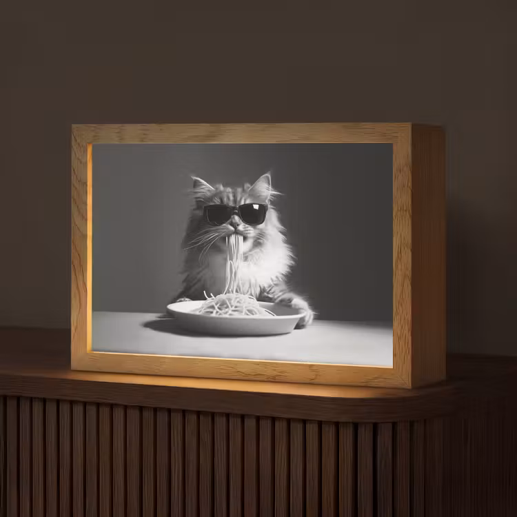 Langharige kat - Zonnebril - Spaghetti - Humor - Zwart - wit Light Box met kabel (Tafellamp) klein -z3d_website