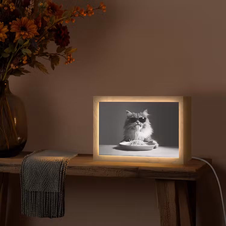 Langharige kat - Zonnebril - Spaghetti - Humor - Zwart - wit Light Box met kabel (Tafellamp) klein -sfeer4