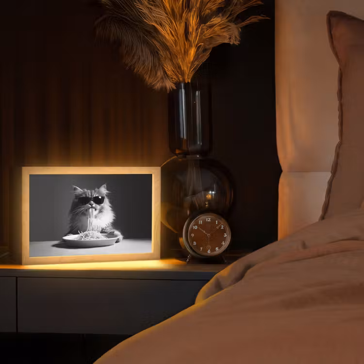 Langharige kat - Zonnebril - Spaghetti - Humor - Zwart - wit Light Box met kabel (Tafellamp) klein -sfeer1