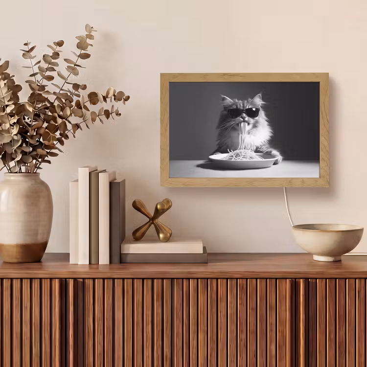 Langharige kat - Zonnebril - Spaghetti - Humor - Zwart - wit Light Box met kabel (Tafellamp) klein -sfeer2