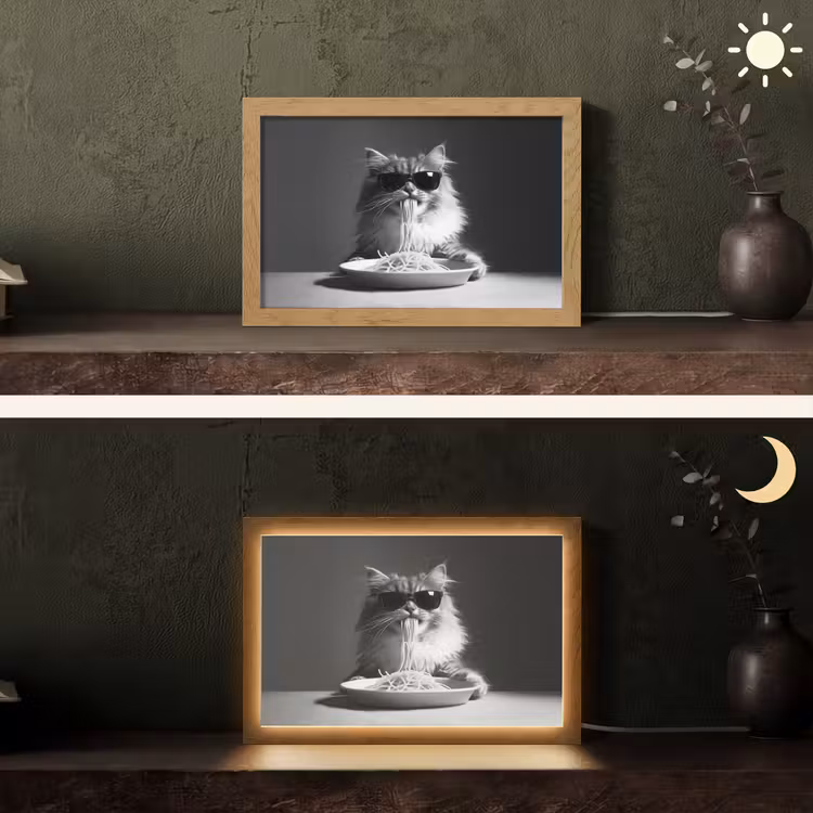 Langharige kat - Zonnebril - Spaghetti - Humor - Zwart - wit Light Box met kabel (Tafellamp) klein -sfeer3