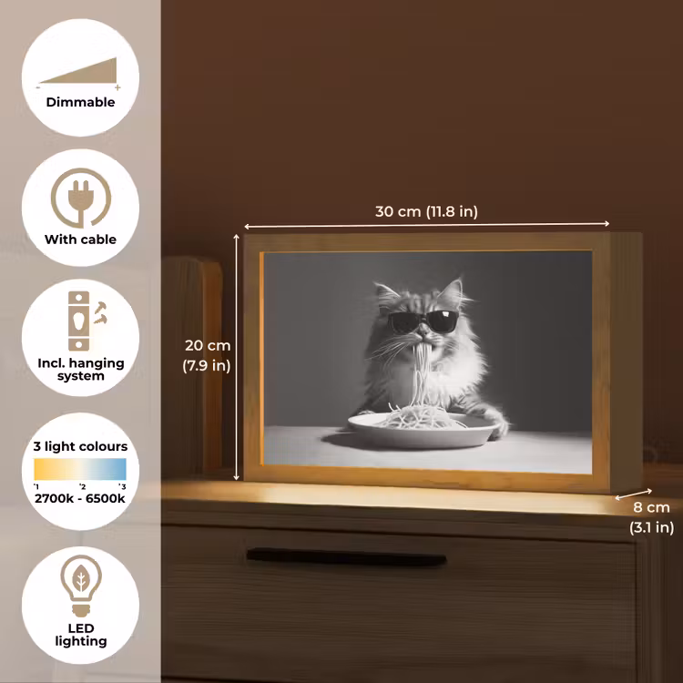 Langharige kat - Zonnebril - Spaghetti - Humor - Zwart - wit Light Box met kabel (Tafellamp) klein -USP_EN