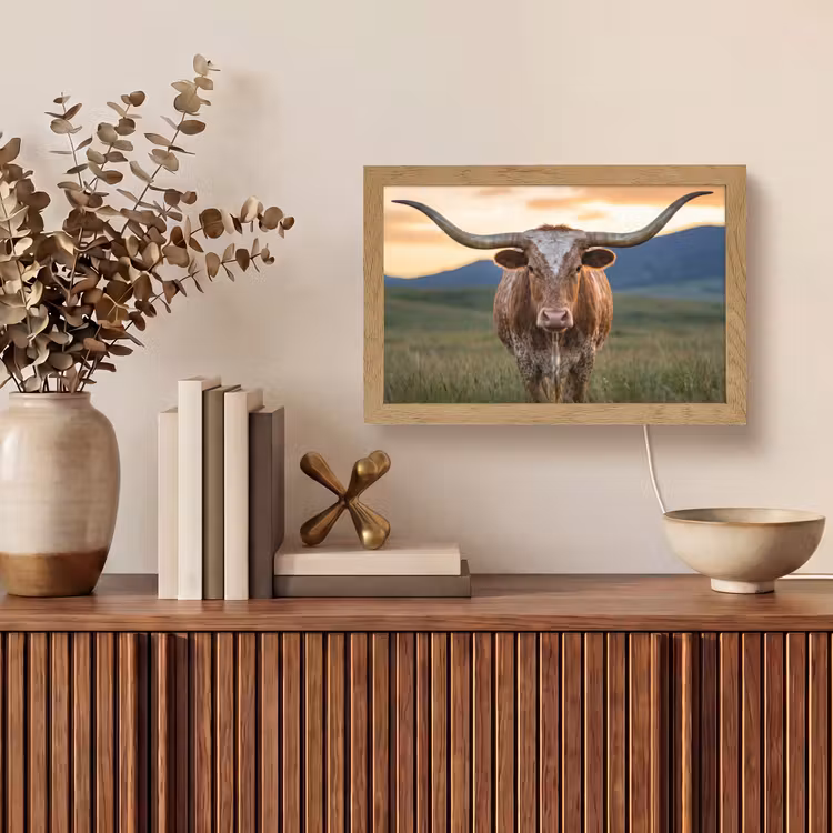 Longhorn - Landschap - Zonsondergang Light Box met kabel (Tafellamp) klein -sfeer2