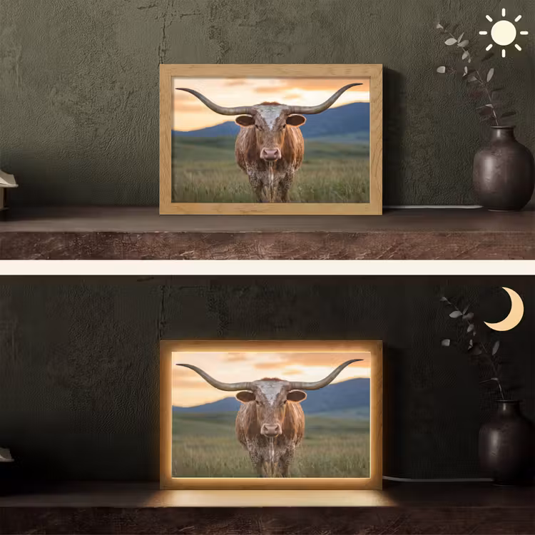 Longhorn - Landschap - Zonsondergang Light Box met kabel (Tafellamp) klein -sfeer3