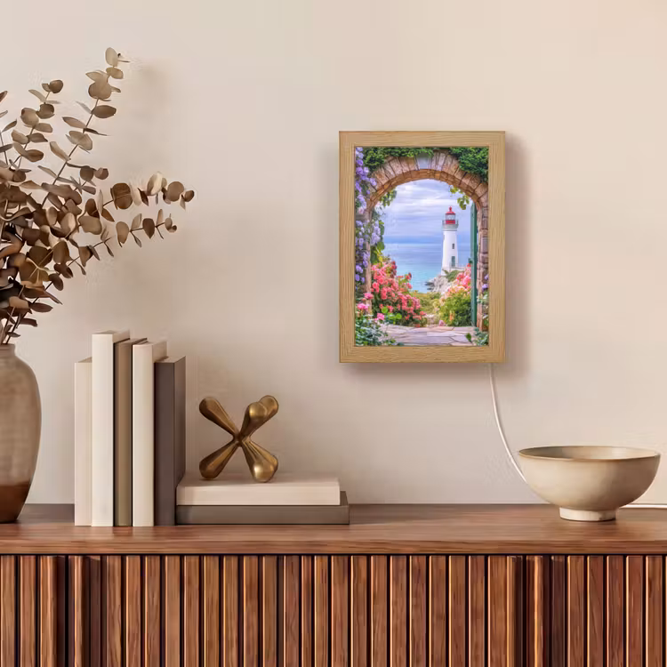 Doorkijk - Vuurtoren - Bloemen - Uitzicht Light Box met kabel (Tafellamp) klein -sfeer2