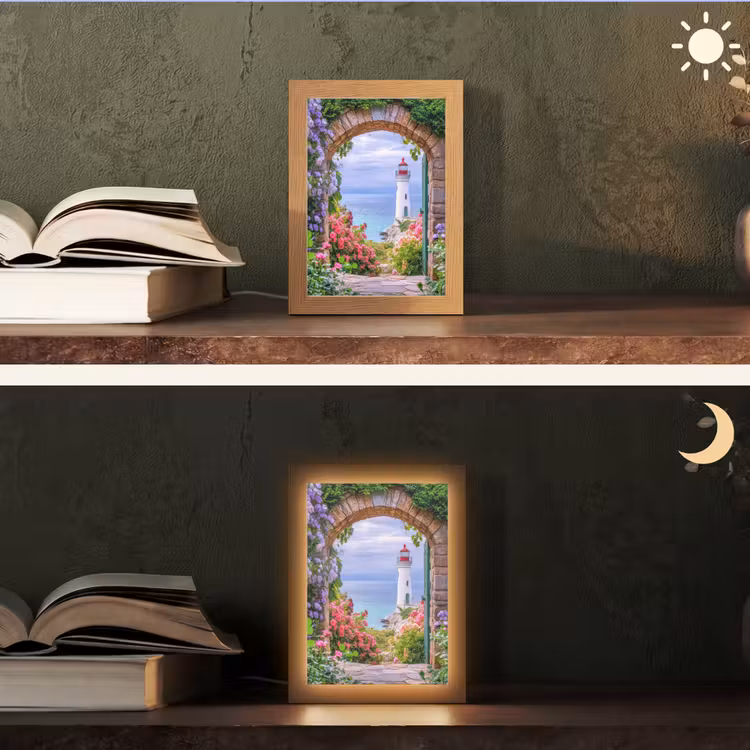 Doorkijk - Vuurtoren - Bloemen - Uitzicht Light Box met kabel (Tafellamp) klein -sfeer3