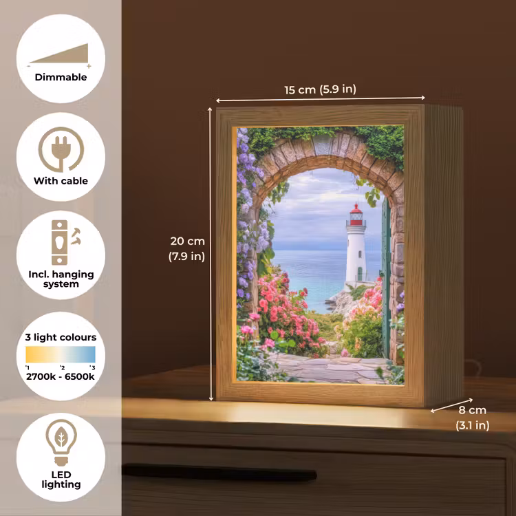 Doorkijk - Vuurtoren - Bloemen - Uitzicht Light Box met kabel (Tafellamp) klein -USP_EN