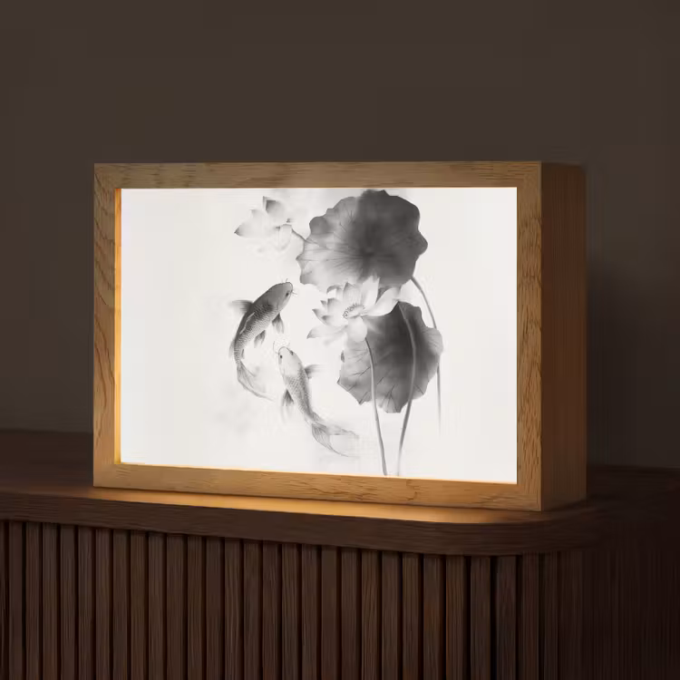 Lotusbloemen - Vissen - Bladeren - Zwart Light Box met kabel (Tafellamp) klein -z3d_website