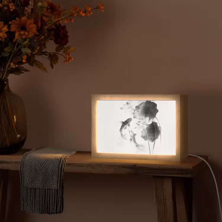 Lotusbloemen - Vissen - Bladeren - Zwart Light Box met kabel (Tafellamp) klein -sfeer4