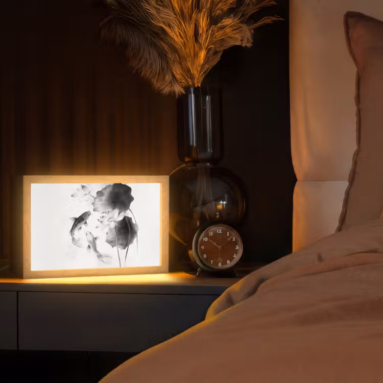 Lotusbloemen - Vissen - Bladeren - Zwart Light Box met kabel (Tafellamp) klein -sfeer1