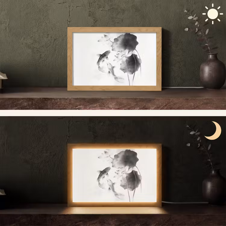 Lotusbloemen - Vissen - Bladeren - Zwart Light Box met kabel (Tafellamp) klein -sfeer3