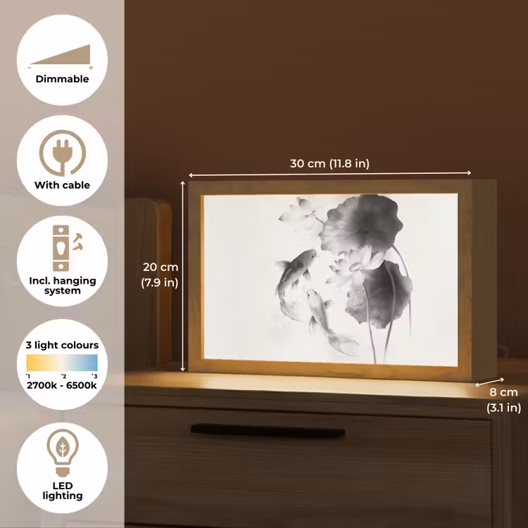 Lotusbloemen - Vissen - Bladeren - Zwart Light Box met kabel (Tafellamp) klein -USP_EN