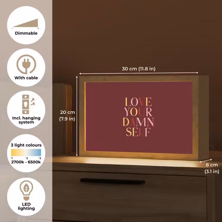 Love your damn self - Kleurrijk - Bordeaux Light Box met kabel (Tafellamp) klein -USP_EN