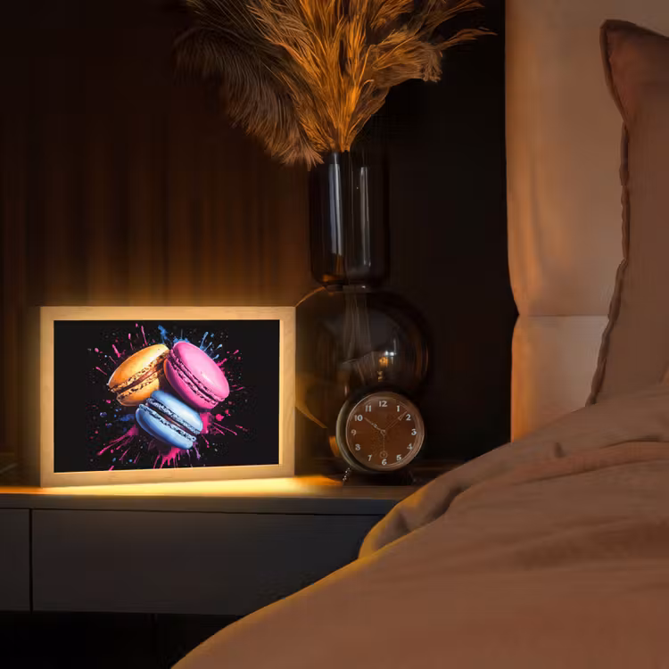Macarons - Dessert - Graffiti - Kleurrijk - Roze - Blauw - Geel Light Box met kabel (Tafellamp) klein -sfeer1