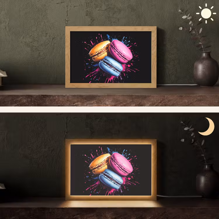 Macarons - Dessert - Graffiti - Kleurrijk - Roze - Blauw - Geel Light Box met kabel (Tafellamp) klein -sfeer3