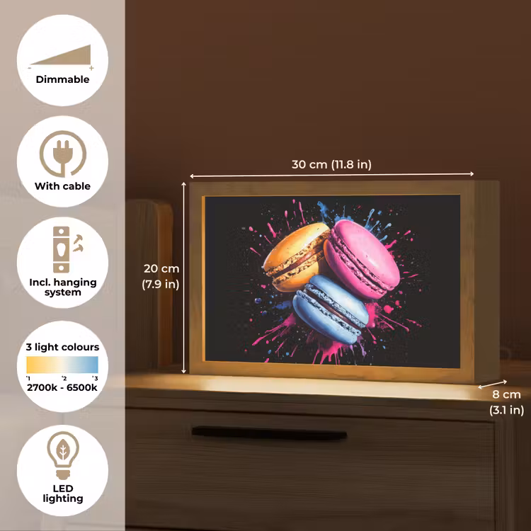 Macarons - Dessert - Graffiti - Kleurrijk - Roze - Blauw - Geel Light Box met kabel (Tafellamp) klein -USP_EN
