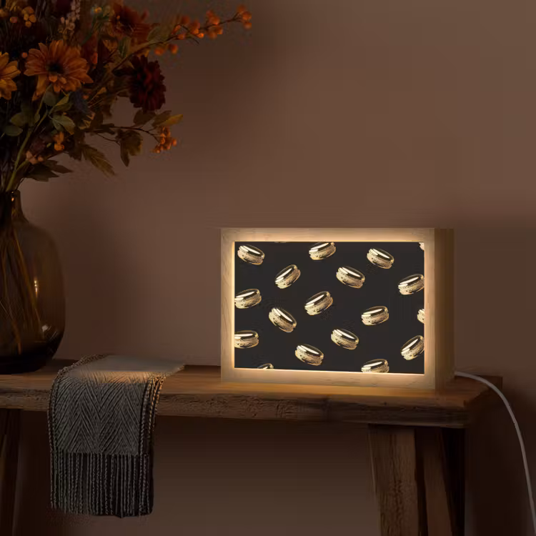 Macarons - Patroon - Goud - Zwart Light Box met kabel (Tafellamp) klein -sfeer4