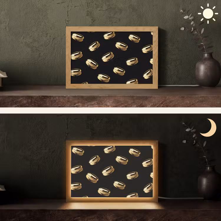 Macarons - Patroon - Goud - Zwart Light Box met kabel (Tafellamp) klein -sfeer3