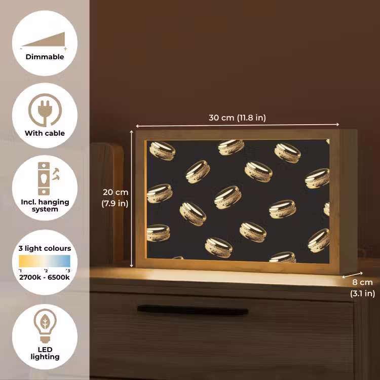 Macarons - Patroon - Goud - Zwart Light Box met kabel (Tafellamp) klein -USP_EN