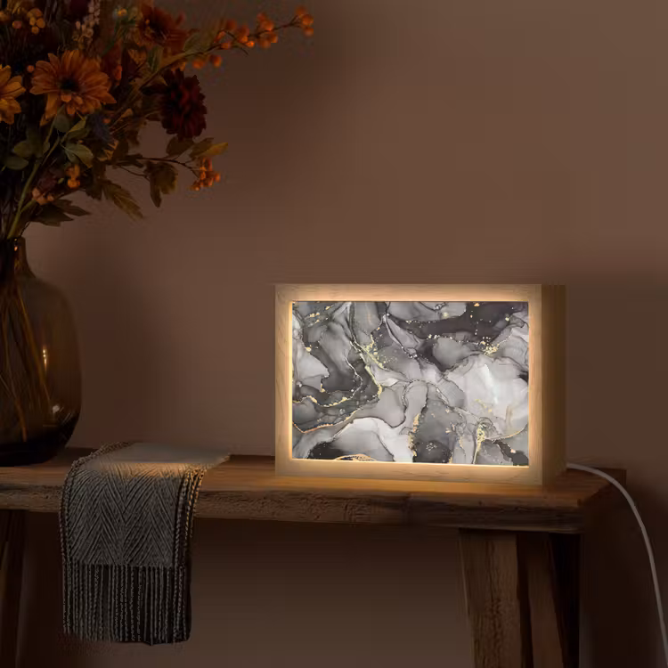 Marmer - Zwart - Goud - Grijs Light Box met kabel (Tafellamp) klein -sfeer4