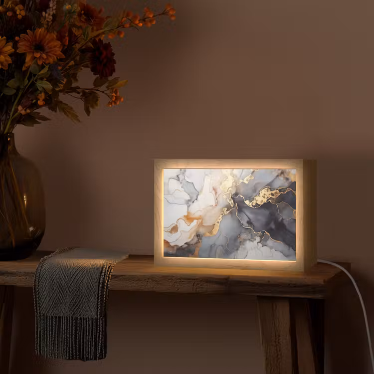 Marmer - Zwart - Goud - Wit Light Box met kabel (Tafellamp) klein -sfeer4