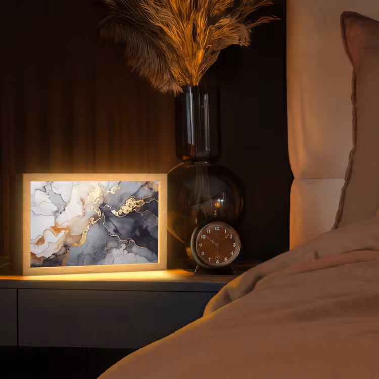 Marmer - Zwart - Goud - Wit Light Box met kabel (Tafellamp) klein -sfeer1