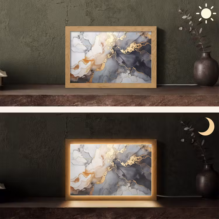 Marmer - Zwart - Goud - Wit Light Box met kabel (Tafellamp) klein -sfeer3